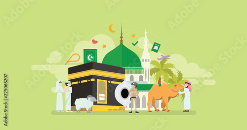 Mekkah Hajj And Umrah Season Islamic Prayer Tiny People Character Concept Vector Illustration, Suitable For Wallpaper, Banner, Background, Card, Book Illustration, And Web Landing Page photo