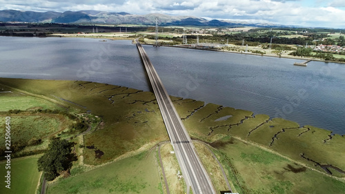 Aerial image of traffic crossing Clackmannanshire Bridge over the River Forth. photo