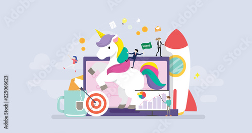 Unicorn Business Startup Tiny People Character Concept Vector Illustration, Suitable For Wallpaper, Banner, Background, Card, Book Illustration, And Web Landing Page