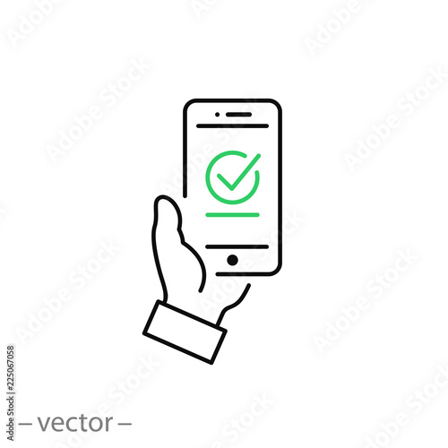 Payment approved icon, green checkmark on smartphone linear sign isolated on white background - editable illustration eps10