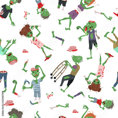 Vecctor zombie cartoon Halloween magic people body parts, green skin human organs Zombie man and woman character pattern party invitation background, monsters vector illustration