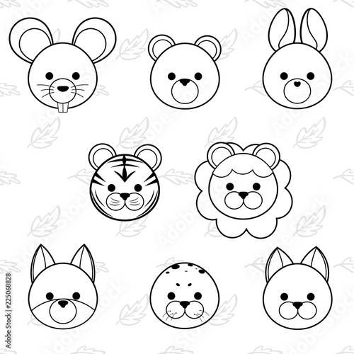 Line cute cartoon animals face icon set, vector illustration