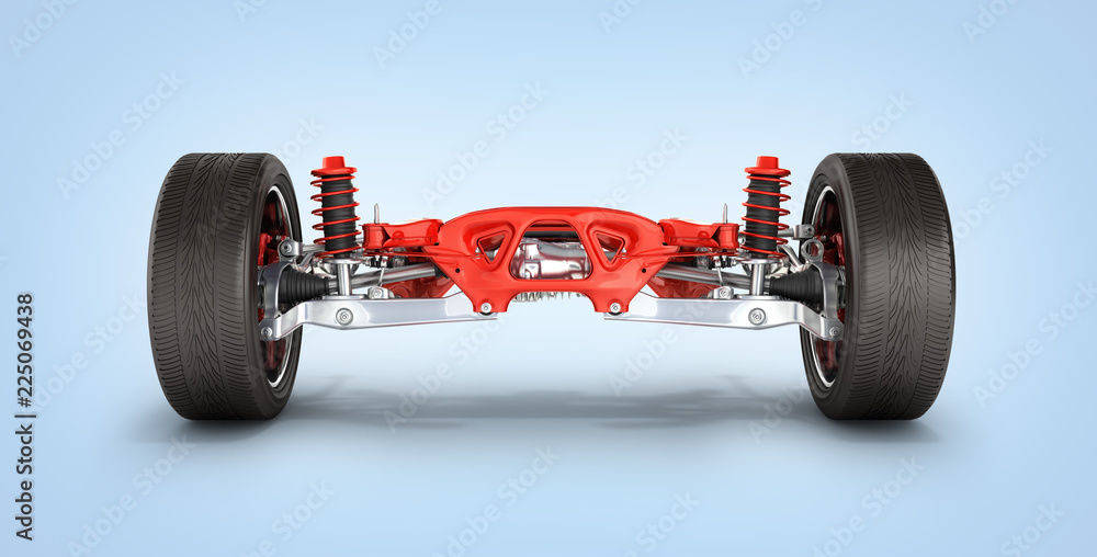Suspension of the car with wheel and engine isolated on blue gradient  background 3d - obrazy, fototapety, plakaty 