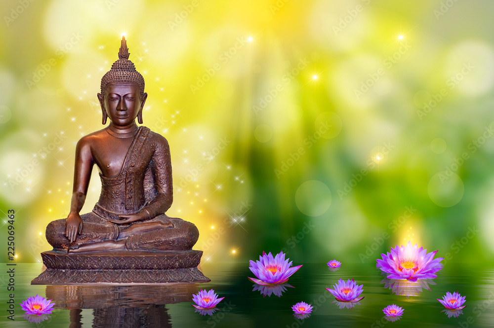 Buddha statue water lotus Buddha standing on lotus flower on orange background Buddha statue water lotus Buddha standing on lotus flower on orange background