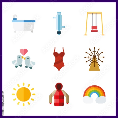 9 nature icon. Vector illustration nature set. boat rule and swing icons for nature works