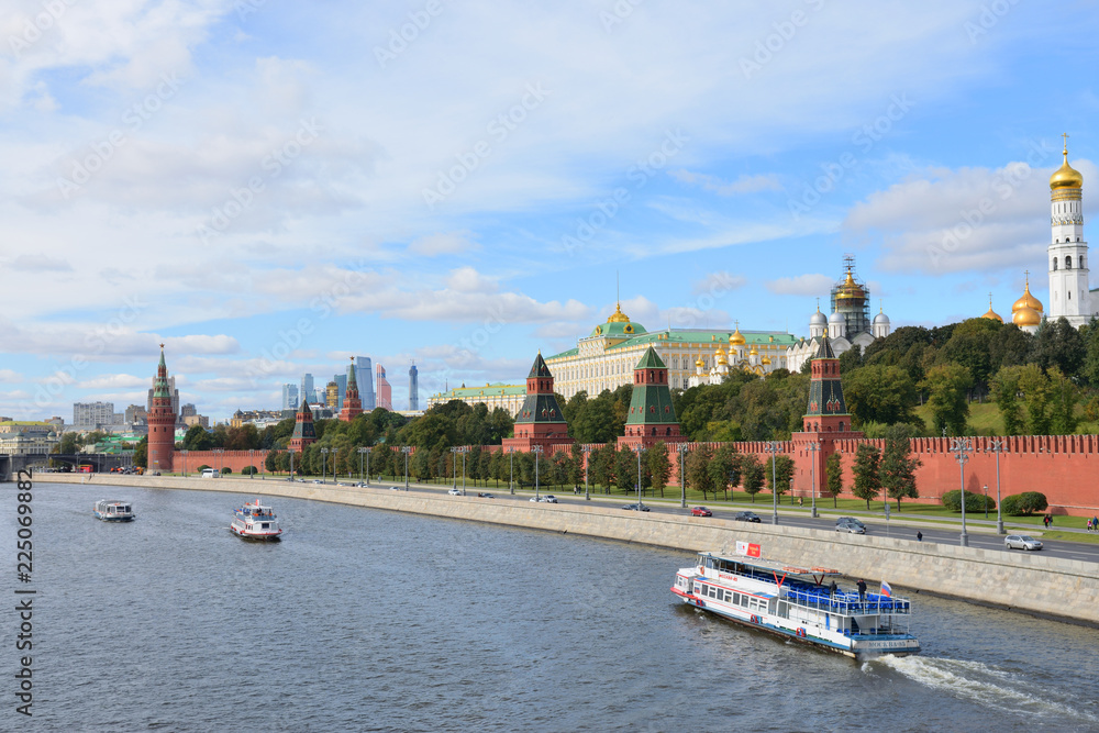 Pleasure boat on the background of the Moscow Kremlin.