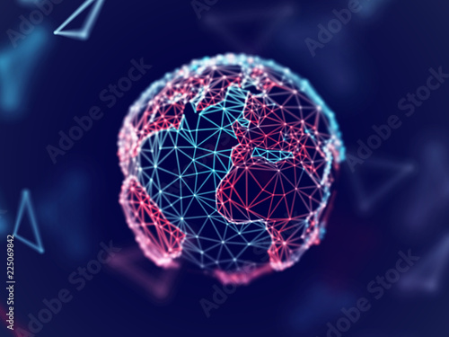 Global network concept  digital planet Earth with connection lines. Visualization of digital business technology. Planet in cyber space. World globalization. Soft blur  eps 10 vector illustration.
