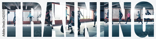 Collage of diverse people doing different exercises in a gym