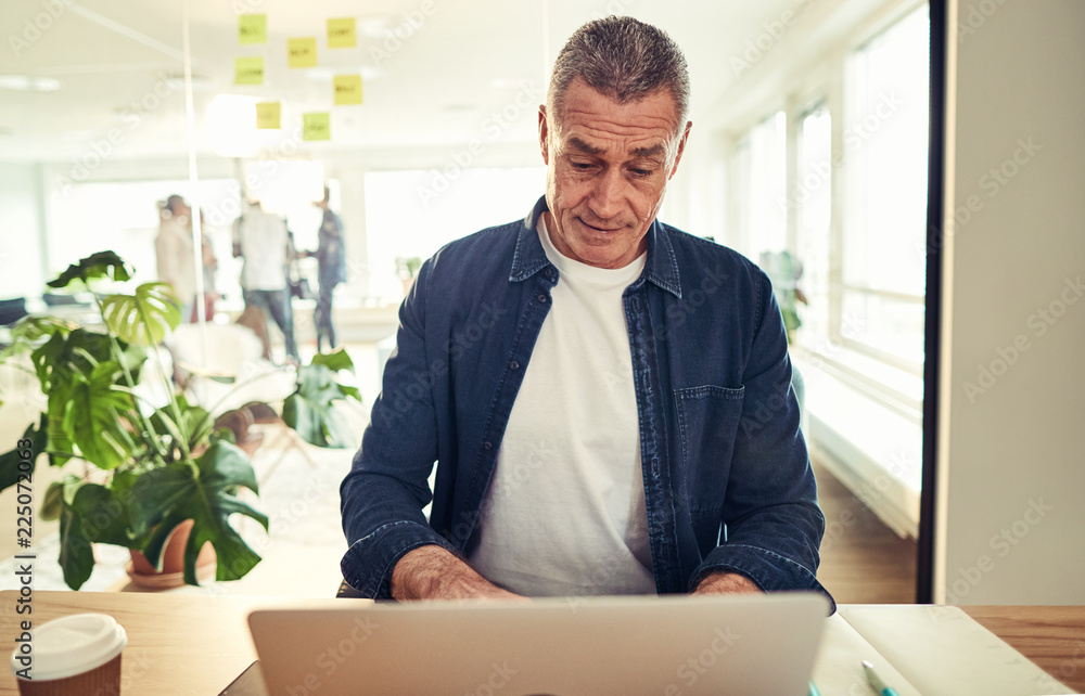 Mature businessman working with a laptop at his office desk Mature businessman working with a laptop at his office desk