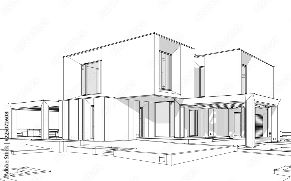 3d rendering sketch of modern cozy house by the river with garage for sale or rent. Black line sketch with soft light shadows on white background 3d rendering sketch of modern cozy house by the river with garage for sale or rent. Black line sketch with soft light shadows on white background