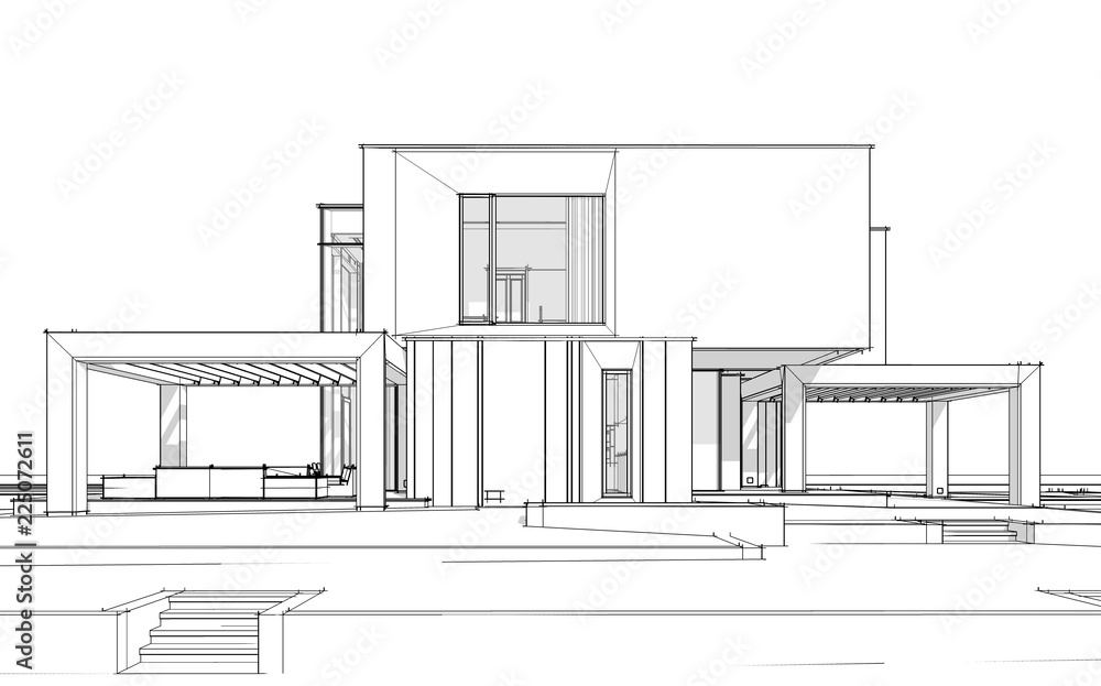 3d rendering sketch of modern cozy house by the river with garage for sale or rent. Black line sketch with soft light shadows on white background 3d rendering sketch of modern cozy house by the river with garage for sale or rent. Black line sketch with soft light shadows on white background