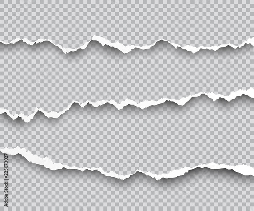 Vector set of torn paper edges with shadows isolated on transparent background