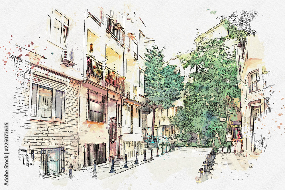 A watercolor sketch or illustration of a traditional street with apartment buildings in Istanbul, Turkey.