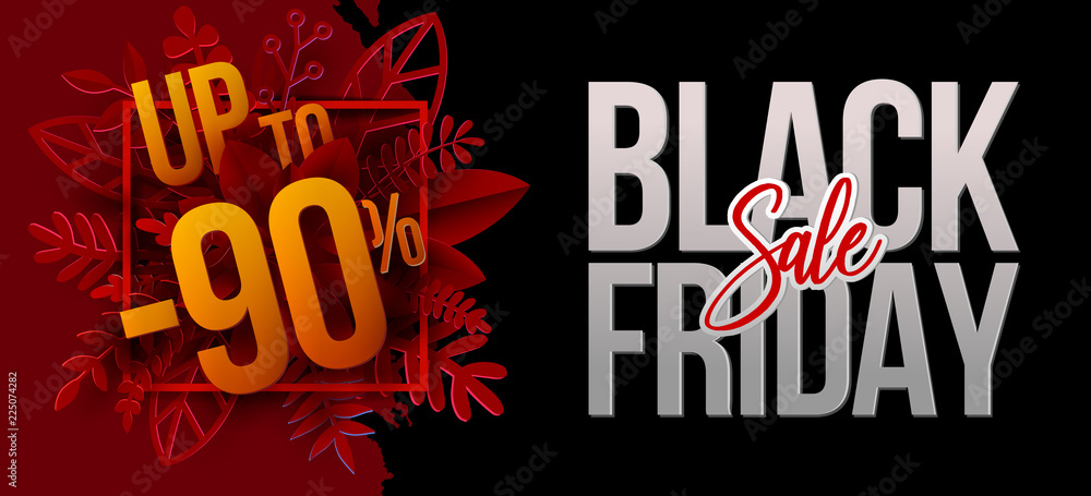 Black Friday sale design with red leaves