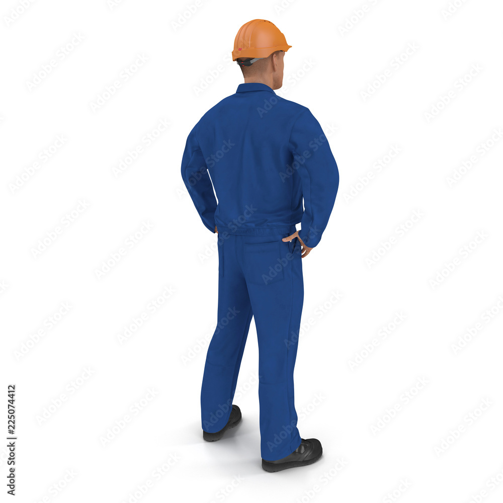Construction Worker In Blue Coverall with Hardhat Standing Pose Isolated On White Background. 3D illustration