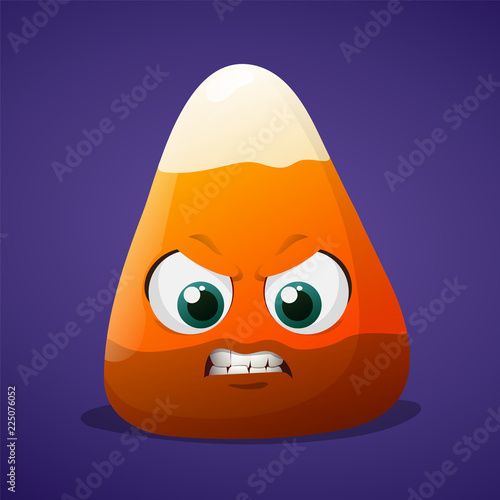 Cute halloween candy corn with angry face isolated on violet background  Stock Vector