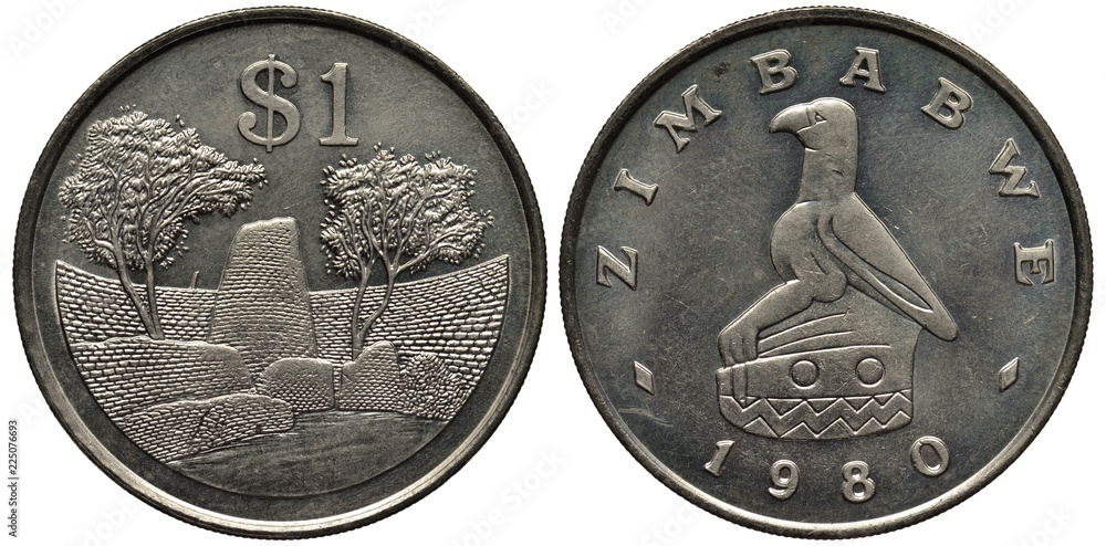 Zimbabwe Zimbabwean coin 1 one dollar 1980, ruins of ancient stone fortress, two trees flank dates, bird statue, - obrazy, fototapety, plakaty 