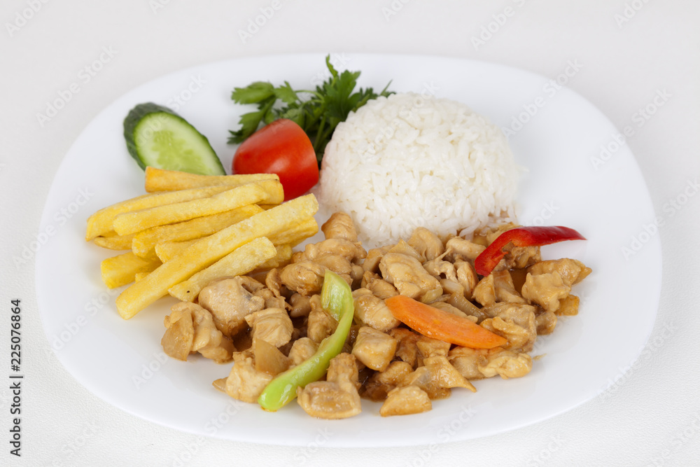 chicken with sauce with potato and rice chicken with sauce with potato and rice