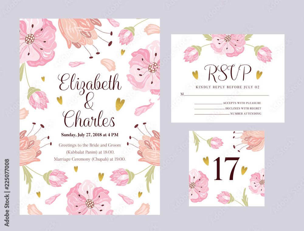 Wedding invitation, rsvp card design with elegant flowers.