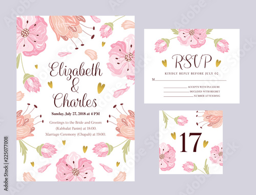 Wedding invitation, rsvp card design with elegant flowers.