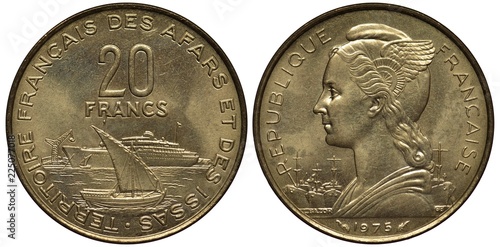 French Territories of Affars and Issas coin 20 twenty francs 1975, sailing boat in front of liner, small harbor crane at left, woman’s head in liberty cap with wings, port with ships behind,  photo