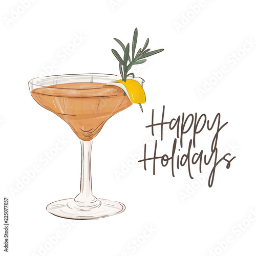 Best cosmopolitan cocktail. Vector food sketch. Bar drinks poster. Beverage ginger alcohol drink in glass. Weekend mood martini receipe.