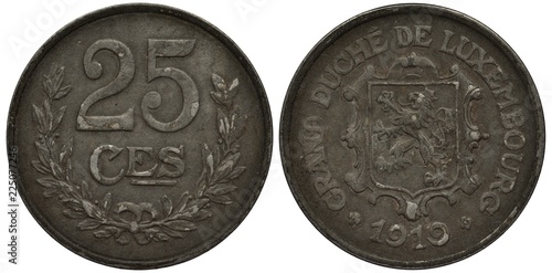 Luxembourg Luxembourgish iron coin 25 twenty five centimes 1919, value flanked by laurel wreath, shield with lion surrounded by country name and date,  photo