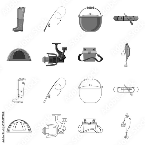 Vector design of fish and fishing logo. Set of fish and equipment stock symbol for web.