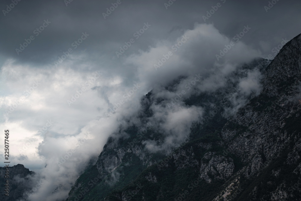 stormy weather in mountains ,clouds ,foggy in bled slovenia