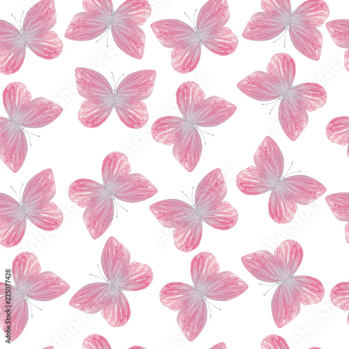 Watercolorpink butterfly seamless pattern hand drawn