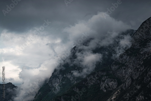 stormy weather in mountains  clouds  foggy in bled slovenia