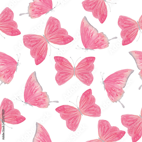 Watercolor pink butterfly seamless pattern hand drawn