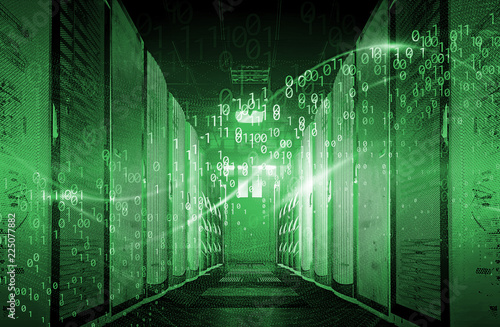 binary code particles and neon glowing cyber wave. in modern server room Big data structure. Internet or cyberspace technology concept. Green tone