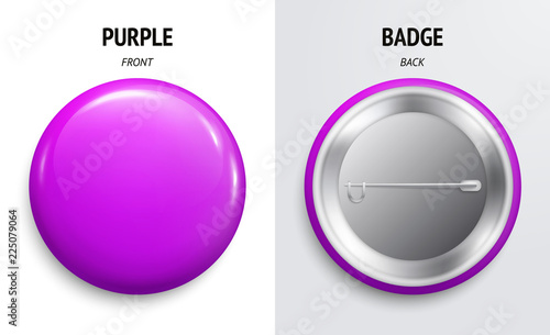 Blank purple glossy badge or button. 3d render. Round plastic pin, emblem, volunteer label. Front and Back Side. Vector.