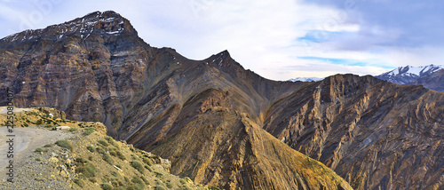 Beautiful panoramic view of snow capped Himalaya mountains from Manali Leh Highway in India.