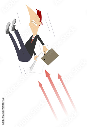 Businessman and arrow signs concept illustration. Upset man with bag and papers falling down on the sharp arrows isolated on white   
