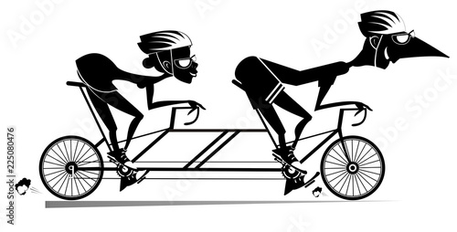 Cartoon man and woman rides a tandem bike isolated. Smiling man and woman in helmets rides on the double bike black on white illustration 
