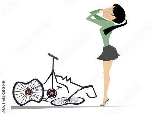 Cyclist woman and a broken bike isolated illustration. Weeping cyclist woman standing near a broken bike covered face with hands isolated on white illustration
