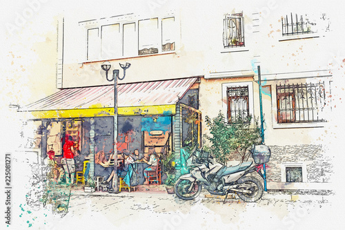 Watercolor sketch or illustration of a street cafe in Istanbul, Turkey. © franz12