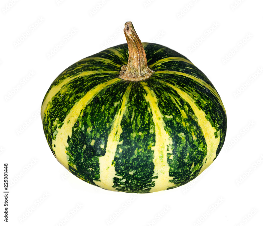Fresh green yellow flat striped pumpkin close-up on white background, isolated, Halloween concept. Fresh green yellow flat striped pumpkin close-up on white background, isolated, Halloween concept.
