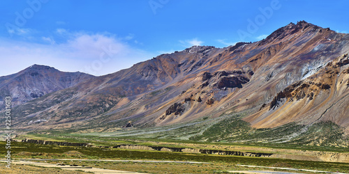 Beautiful panoramic view of snow capped Himalaya mountains from Manali Leh Highway in India.