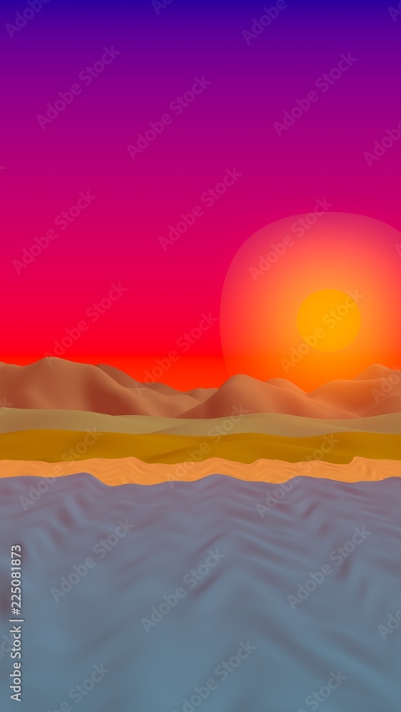 Fototapeta premium Sun Sea Beach. Sunrise. Ocean shore line with waves on a beach. Island beach paradise with waves. Vacation, summer, relaxation. Seascape, seashore. Minimalist landscape, primitivism. 3D illustration