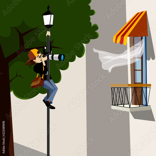 Paparazzi climbed onto the lamppost and takes pictures of the apartment