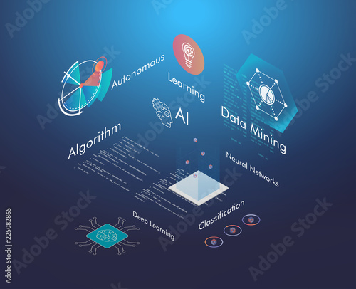 Machine learning, Ai, Data mining, algorithm, algorithm, neural network, deep learning and autonomous. isometric vector concept.