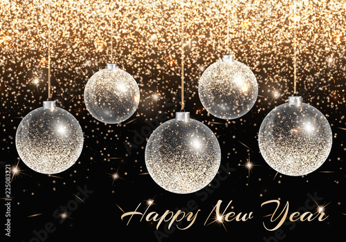 Brilliant background with gold balls for New Year's design. Vector illustration with shine