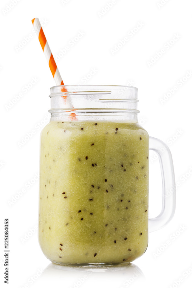 Smoothies in glass jar cooked from kiwi fruit isolated on white background Smoothies in glass jar cooked from kiwi fruit isolated on white background