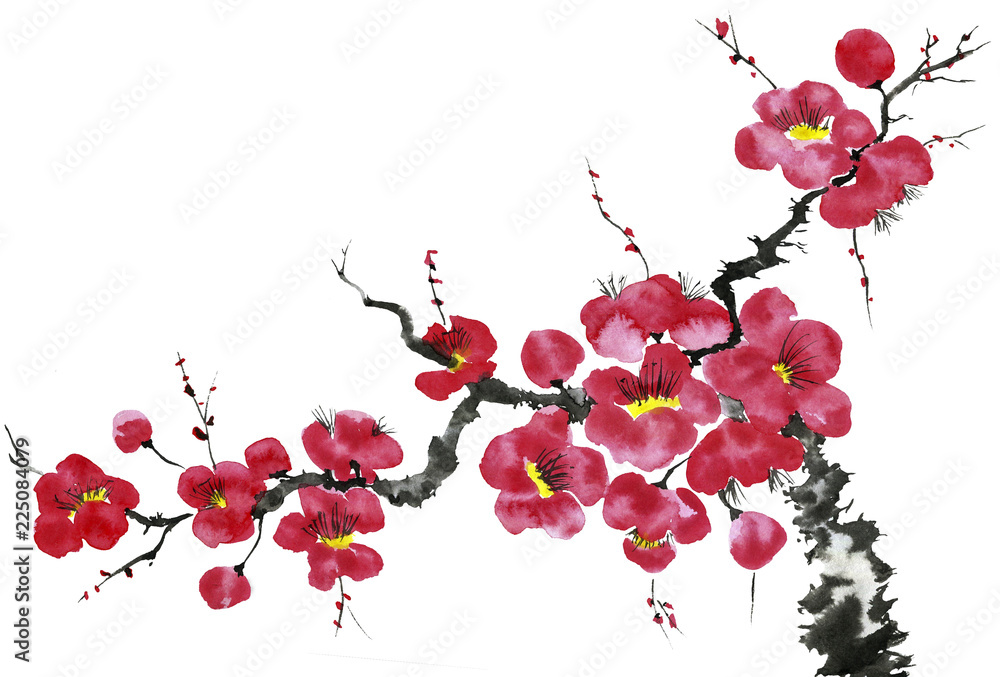 Naklejka premium A branch of a blossoming tree. Pink and red stylized flowers of plum mei, wild apricots and sakura . Watercolor and ink illustration in style sumi-e, u-sin. Oriental traditional painting.
