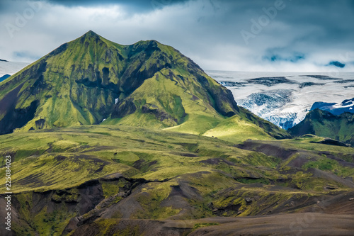 Dramatically beautiful and surreal glacial landscapes between Emstrur and Thorsmork in the Highlands of Iceland. along the famous Laugavegur hiking trail.