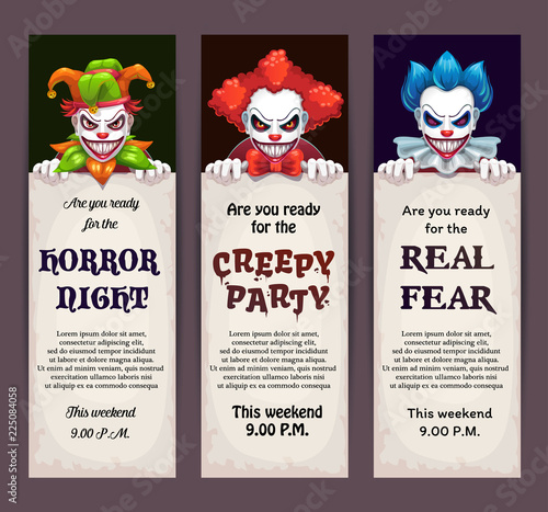 Halloween celebration event banners with scary clown faces.