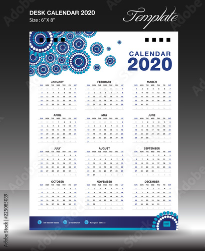 calendar 2020 year Size 6x8 inch vertical, Week start Sunday, wall calendar 2020 template, business flyer, blue background, vector illustration